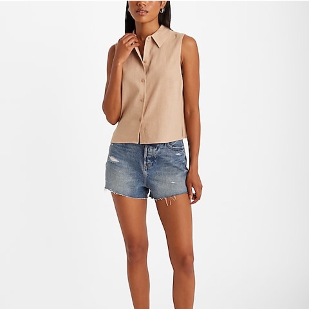 Linen blend sleeveless button-down top